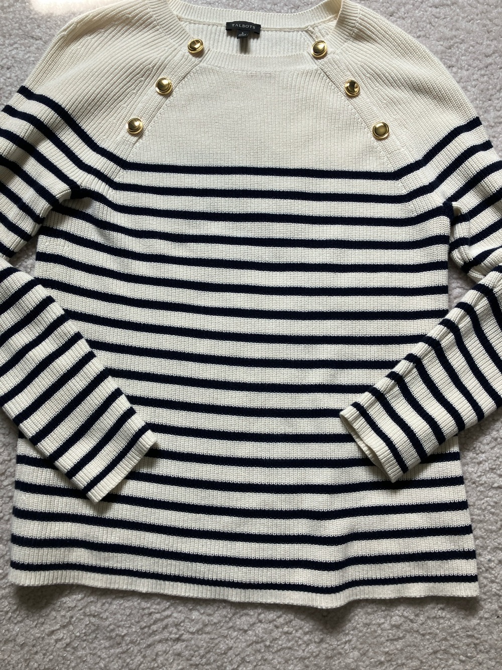 Talbots small Cream and Navy Striped Crewneck with Gold Buttons